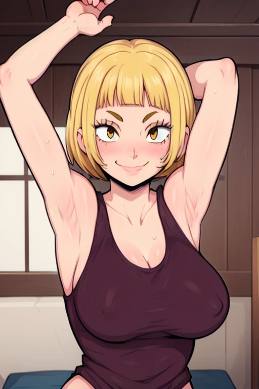 masterpiece, best quality, saeko tanaka, looking at viewer, yellow hair, yellow eyes color, very large breasts, upper body, portrait, looking at viewer, seductive smile,put your hands behind your head, armpits, armpits visible, sweaty armpits, wearing white tanktop,