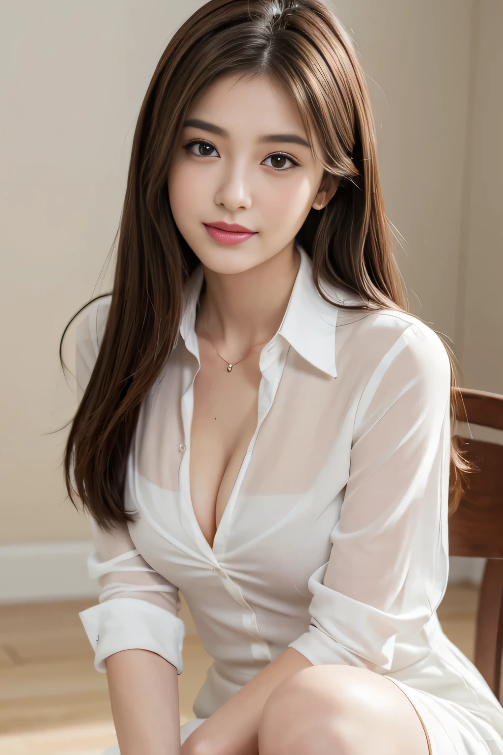 (RAW Photos), (Realistic), (masterpiece), (highest quality), High resolution, 8k, (Intricate details), (Volumetric Light), Portraiture, woman, Age 25, Medium Hair, Straight hair, Layered Hair, Brown Hair, Very beautiful eyes, Source order, Very thin eyebrows, Very fine skin, Very beautiful mouth, Very nice nose, Cute like an idol, Cleavage、smile, (Thick lips), (Looking at the audience), (White collared dress shirt), Above the knee shot,Slender figure、