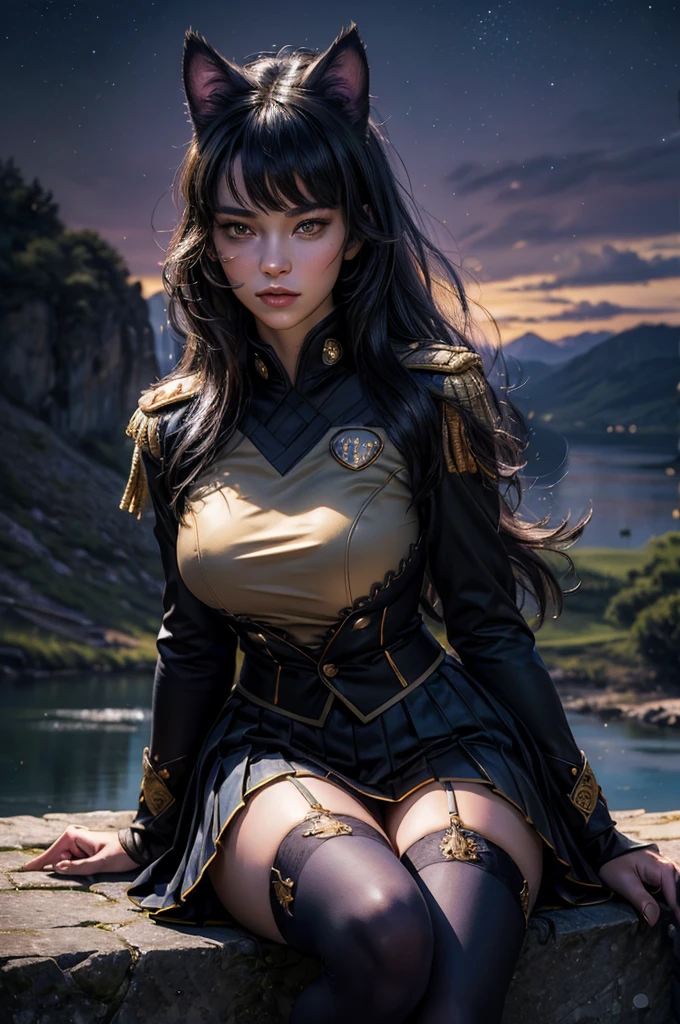 (masterpiece,stunning girlfriend, (standing:1.1), dynamic pose, heart shaped face, elegant face, beautiful face, highly detailed face, highly detailed skin, skin pores, subsurface scattering, realistic pupils, looking at viewer, full lips, detailed background, depth of field, atmospheric perspective, volumetric lighting, sharp focus, absurdres, realistic proportions, good anatomy, (realistic, hyperrealistic:1.4), 16k hdr, (masterpiece, best quality),  intricate details, 1girl,   blake_belladonna, gmuniform, pleated skirt, blue thighhighs,  black and gold uniform,  sitting outside, night, stars, moonlight, river, crowd, ((crowd in military uniforms))