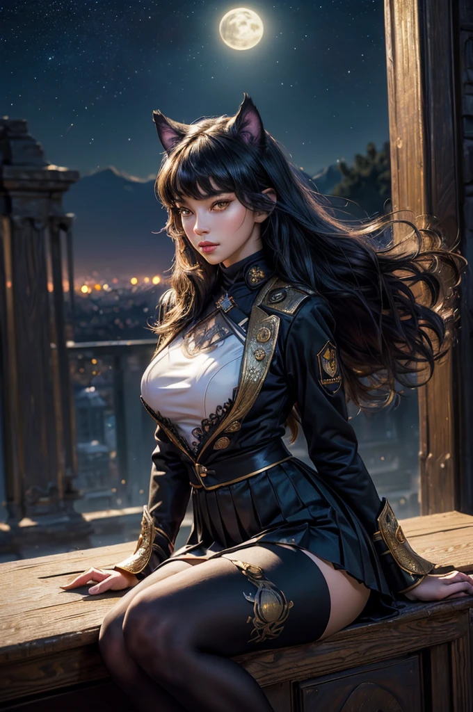 (masterpiece,stunning girlfriend, (standing:1.1), dynamic pose, heart shaped face, elegant face, beautiful face, highly detailed face, highly detailed skin, skin pores, subsurface scattering, realistic pupils, looking at viewer, full lips, detailed background, depth of field, atmospheric perspective, volumetric lighting, sharp focus, absurdres, realistic proportions, good anatomy, (realistic, hyperrealistic:1.4), 16k hdr, (masterpiece, best quality),  intricate details, 1girl,   blake_belladonna, gmuniform, pleated skirt, blue thighhighs,  black and gold uniform,  sitting outside, night, stars, moonlight, river, crowd, ((crowd in military uniforms))
