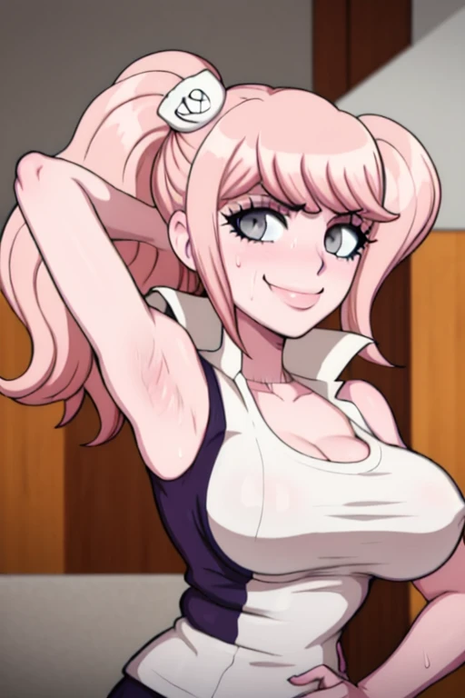 masterpiece, best quality, junko enoshima, looking at viewer, very large breasts, upper body, portrait, looking at viewer, seductive smile,put your hands behind your head, armpits, armpits visible, sweaty armpits, wearing white tanktop,