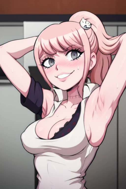 masterpiece, best quality, junko enoshima, looking at viewer, very large breasts, upper body, portrait, looking at viewer, seductive smile,put your hands behind your head, armpits, armpits visible, sweaty armpits, wearing white tanktop,