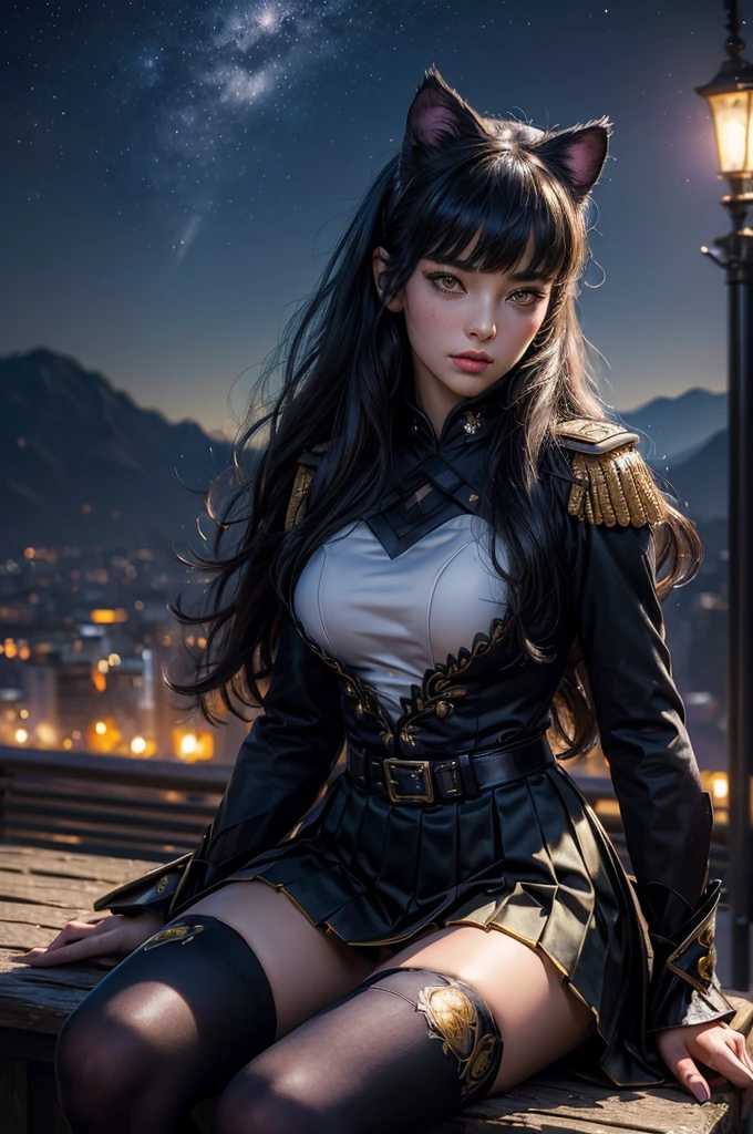(masterpiece,stunning girlfriend, (standing:1.1), dynamic pose, heart shaped face, elegant face, beautiful face, highly detailed face, highly detailed skin, skin pores, subsurface scattering, realistic pupils, looking at viewer, full lips, detailed background, depth of field, atmospheric perspective, volumetric lighting, sharp focus, absurdres, realistic proportions, good anatomy, (realistic, hyperrealistic:1.4), 16k hdr, (masterpiece, best quality), intricate details, 1girl, blake_belladonna, gmuniform, pleated skirt, blue thighhighs, black and gold uniform, sitting outside, night, stars, moonlight, river, crowd, ((crowd in military uniforms))