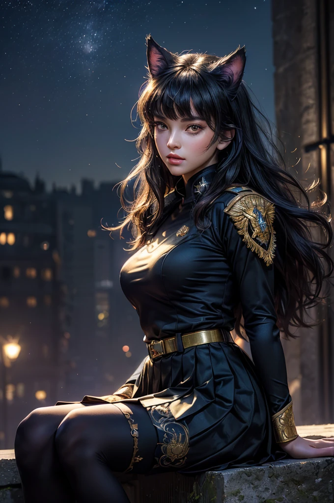(masterpiece,stunning girlfriend, (standing:1.1), dynamic pose, heart shaped face, elegant face, beautiful face, highly detailed face, highly detailed skin, skin pores, subsurface scattering, realistic pupils, looking at viewer, full lips, detailed background, depth of field, atmospheric perspective, volumetric lighting, sharp focus, absurdres, realistic proportions, good anatomy, (realistic, hyperrealistic:1.4), 16k hdr, (masterpiece, best quality),  intricate details, 1girl,   blake_belladonna, gmuniform, pleated skirt, blue thighhighs,  black and gold uniform,  sitting outside, night, stars, moonlight, river, crowd, ((crowd in military uniforms))