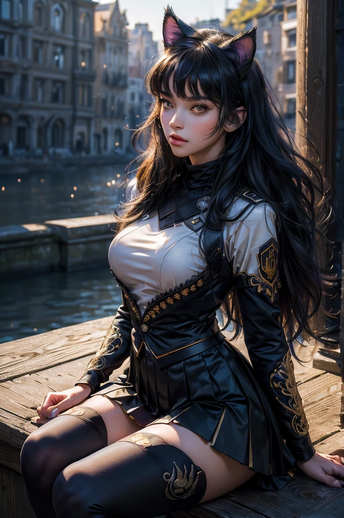 (masterpiece,stunning girlfriend, (standing:1.1), dynamic pose, heart shaped face, elegant face, beautiful face, highly detailed face, highly detailed skin, skin pores, subsurface scattering, realistic pupils, looking at viewer, full lips, detailed background, depth of field, atmospheric perspective, volumetric lighting, sharp focus, absurdres, realistic proportions, good anatomy, (realistic, hyperrealistic:1.4), 16k hdr, (masterpiece, best quality),  intricate details, 1girl,   blake_belladonna, gmuniform, pleated skirt, blue thighhighs,  black and gold uniform,  sitting outside, night, stars, moonlight, river, crowd, ((crowd in military uniforms))