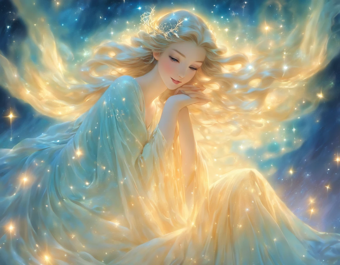 ethereal beauty, Galadriel, beautiful painting in fantasy style., inspired by Nene Thomas, ethereal fairytale, inspired by Edward Robert Hughes, Oil painting in fantasy style, ethereal!!!!!!!, ethereal!!!, fascinated by the spirit of nature, ethereal fantasy, Space fairy woman, in a space dress, black hair, mystical eyes, Essential lighting, detailed lace patterns, graceful pose, intricate starry sky motifs, delicate silk fabric, mysterious atmosphere, atmosphere space.