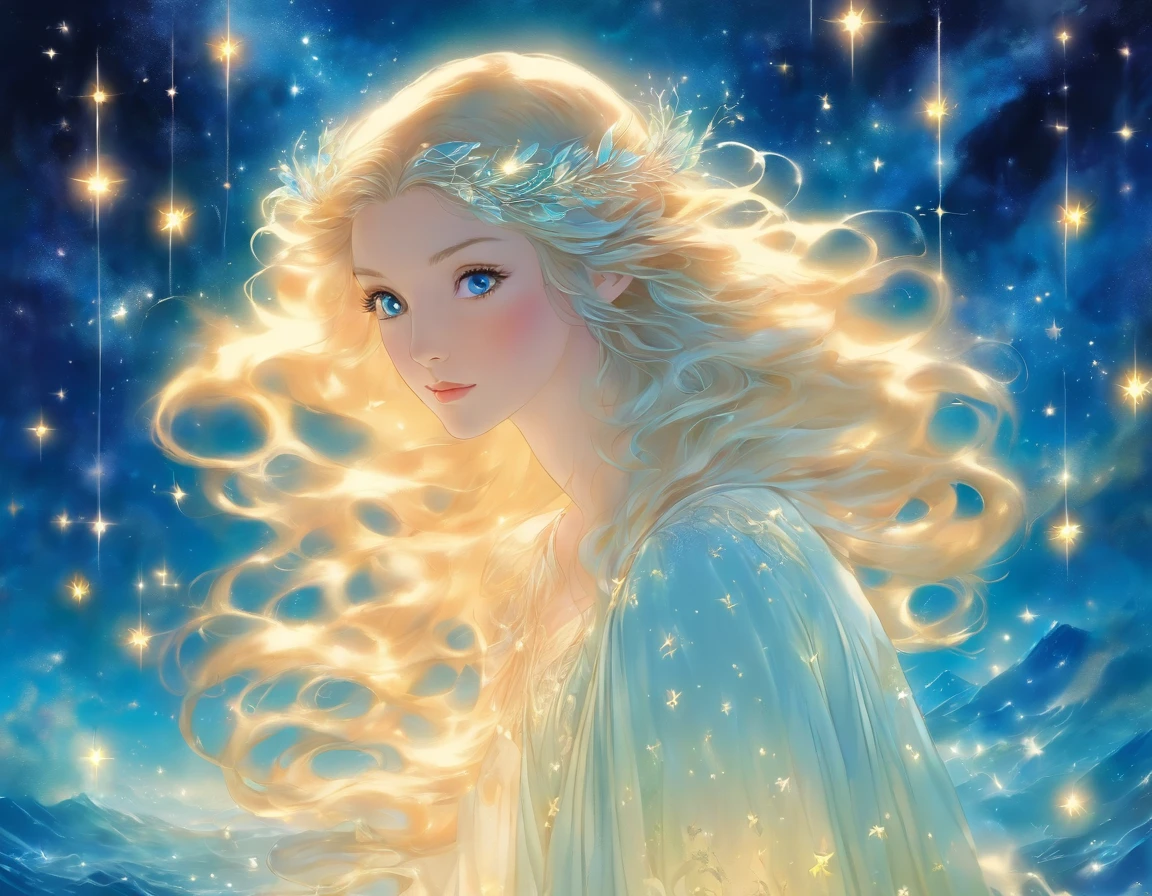 ethereal beauty, Galadriel, beautiful painting in fantasy style., inspired by Nene Thomas, ethereal fairytale, inspired by Edward Robert Hughes, Oil painting in fantasy style, ethereal!!!!!!!, ethereal!!!, fascinated by the spirit of nature, ethereal fantasy, Space fairy woman, in a space dress, black hair, mystical eyes, Essential lighting, detailed lace patterns, graceful pose, intricate starry sky motifs, delicate silk fabric, mysterious atmosphere, atmosphere space.