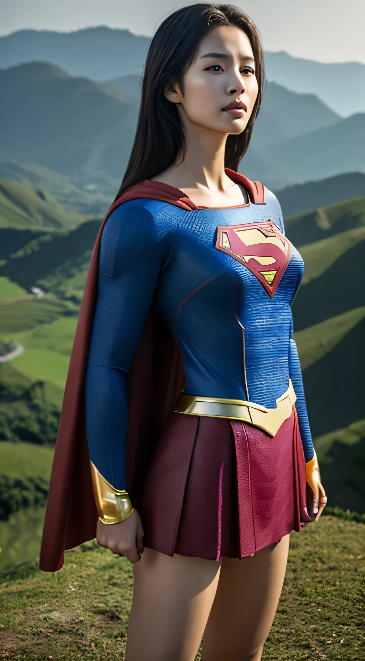 1girl in, Beautiful Vietnamese woman,((Supergirl Suit)), superman logo, A dark-haired, Slim body,full-shot, Standing Pose, looking at the viewers,Landscape of Vietnam,Countryside of Vietnam,(morning glow), Foggy,Detailed background,Photorealsitic、a picture、masterpiece、reallistic、Reality、photorealisim、High contrast、Photorealistic Art Station Trending Digital Art 8k HD High Definition and Detailed Realistic, detaileds, Skin Texture, ultra-detailliert, realistic skin textures, armature, top-quality, 超A high resolution, (Photorealsitic:1.4),, hight resolution, detaileds, Raw foto, Sharp Re, Nikon D850 Film Stock Photo by Lee Jefferies 4 Kodak Portra 400 Camera F1.6 lenses rich colors hyper realistic lifelike textures dramatic lighting unreal engine artstation trends synestil 800,