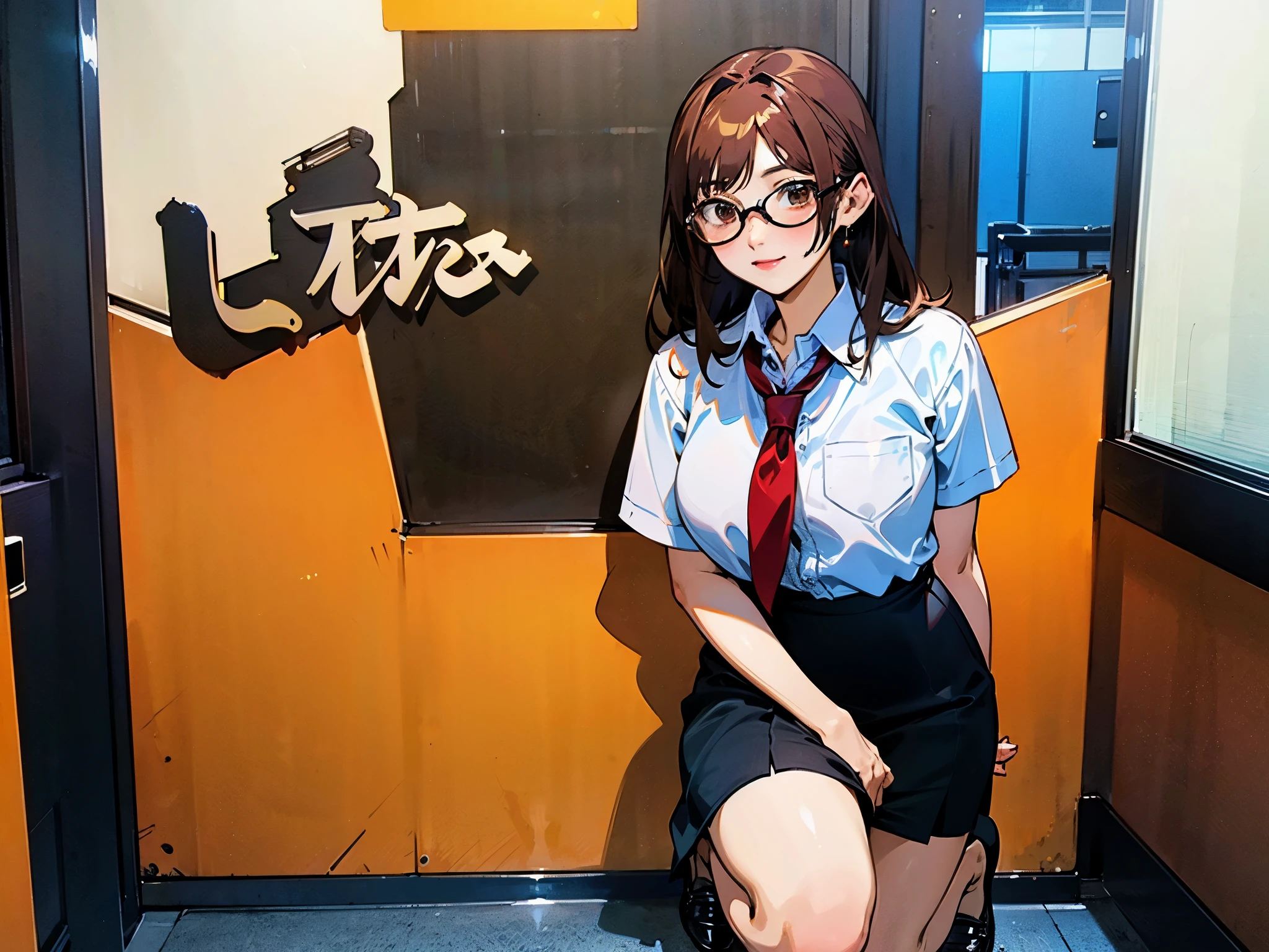 masterpiece, high quality, Kiryu Moeka, Anime, white office shirt, office skirt, black skirt, big breasts, full length, stands on one knee, spectacled, Brown hair