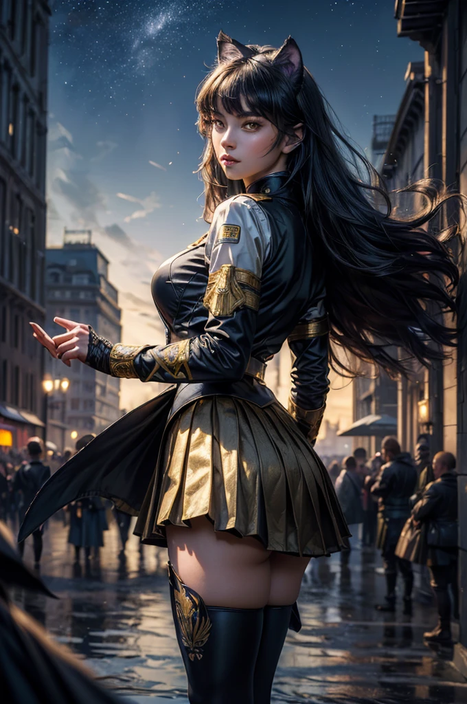 (masterpiece,stunning girlfriend, (standing:1.1), dynamic pose, heart shaped face, elegant face, beautiful face, highly detailed face, highly detailed skin, skin pores, subsurface scattering, realistic pupils, looking at viewer, full lips, detailed background, depth of field, atmospheric perspective, volumetric lighting, sharp focus, absurdres, realistic proportions, good anatomy, (realistic, hyperrealistic:1.4), 16k hdr, (masterpiece, best quality), intricate details, 1girl, blake_belladonna, gmuniform, pleated skirt, blue thighhighs, black and gold uniform, outside, night, stars, moonlight, river, crowd, ((crowd in military uniforms))