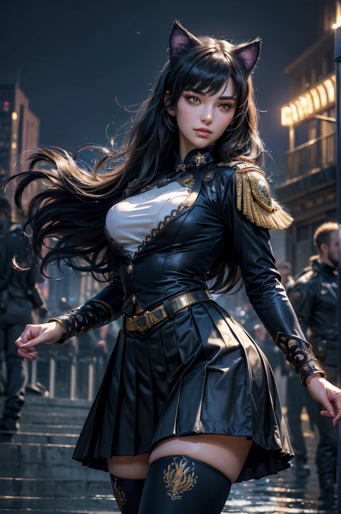 (masterpiece,stunning girlfriend, (standing:1.1), dynamic pose, heart shaped face, elegant face, beautiful face, highly detailed face, highly detailed skin, skin pores, subsurface scattering, realistic pupils, looking at viewer, full lips, detailed background, depth of field, atmospheric perspective, volumetric lighting, sharp focus, absurdres, realistic proportions, good anatomy, (realistic, hyperrealistic:1.4), 16k hdr, (masterpiece, best quality), intricate details, 1girl, blake_belladonna, gmuniform, pleated skirt, blue thighhighs, black and gold uniform, outside, night, stars, moonlight, river, crowd, ((crowd in military uniforms))