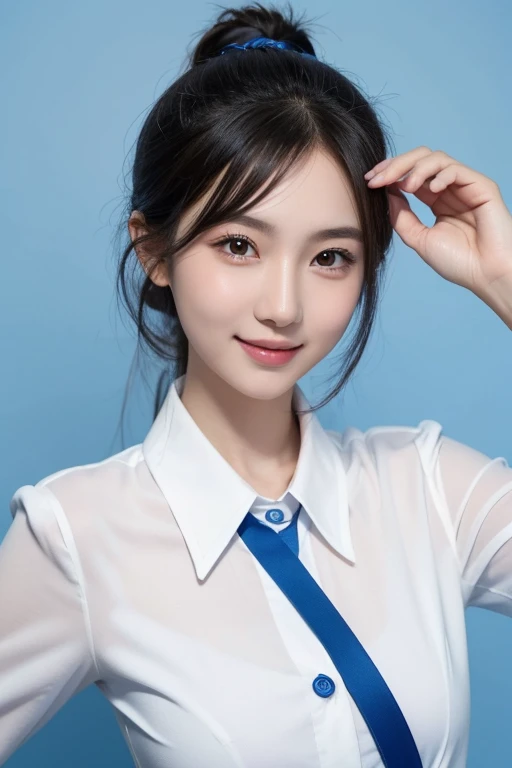 ID photo,Blue Background。a chinese and beautiful women,Regular facial features,Phoenix Eyes,With a charming smile on her face。Black suit,White shirt
