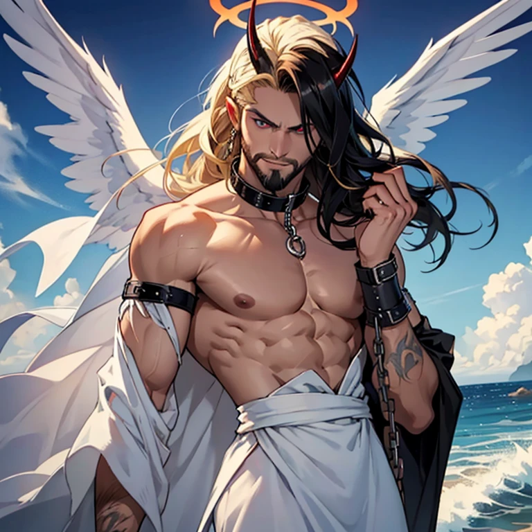 {{Three eyes, Beard, demon king, horn, dragon wing, muscular, wave hair, black hair, red eyes, topless, forehead eye, chained hand, chain collar}},{{angel lady, halo, white bird wing, blond hair, blue eyes, white silk dress,}}