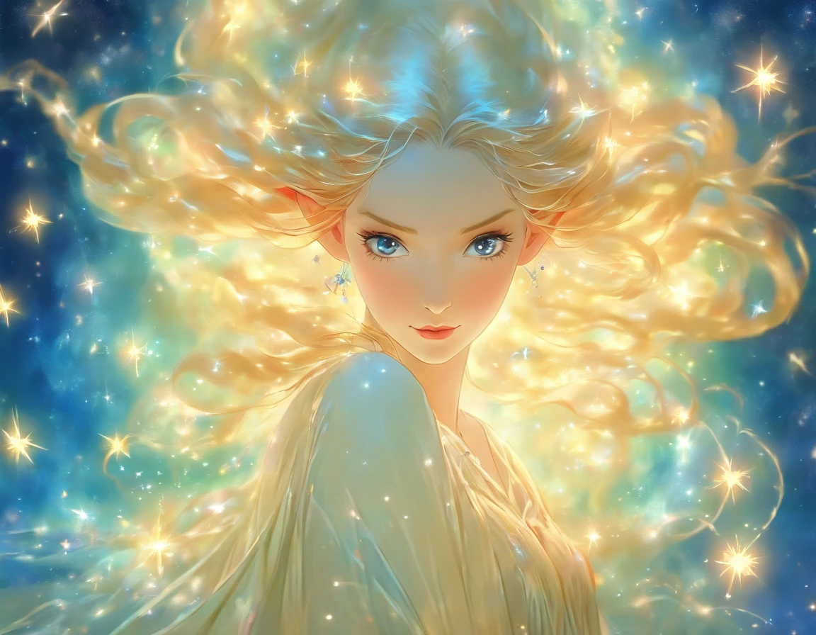 ethereal beauty, Galadriel, beautiful painting in fantasy style., inspired by Nene Thomas, ethereal fairytale, inspired by Edward Robert Hughes, Oil painting in fantasy style, ethereal!!!!!!!, ethereal!!!, fascinated by the spirit of nature, ethereal fantasy, Space fairy woman, in a space dress, black hair, mystical eyes, Essential lighting, detailed lace patterns, graceful pose, intricate starry sky motifs, delicate silk fabric, mysterious atmosphere, atmosphere space.