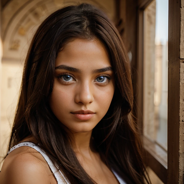 A photography of a young beautiful egyptian girl with blue eyes , long brown hair