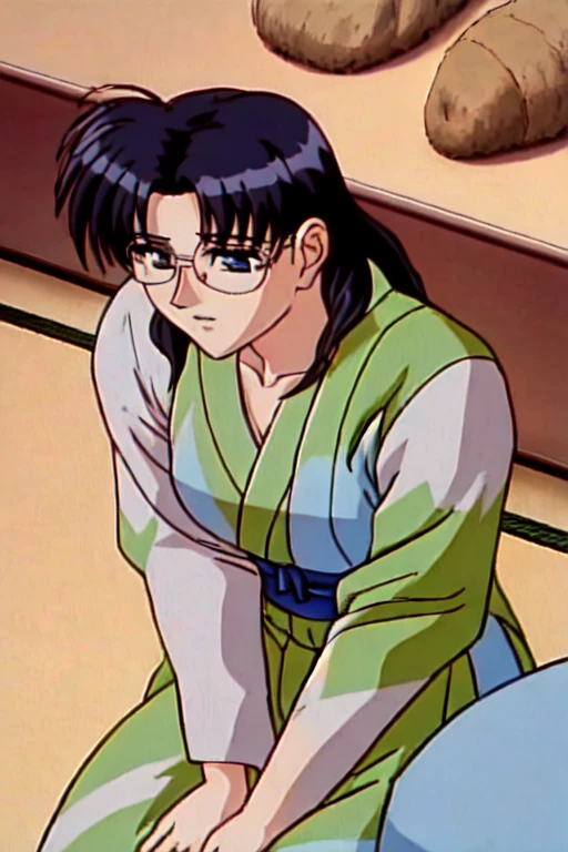 (masterpiece, highest quality:1.2), High resolution, Anime screenshots, Anime Coloring, One girl, alone,
Chitose_Yukino_v1, Black Hair, short hair, bangs, Hair Bun, single Hair Bun, blue eyes, Large Breasts, lips,
kimono, Blue kimono, yukata, Floral print, sash, heart, Long sleeve, Wide sleeves,
Sitting, seiza, Leaning forward,
indoor, Japanese-style room, tatami,