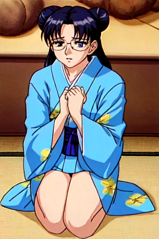 (masterpiece, highest quality:1.2), High resolution, Anime screenshots, Anime Coloring, One girl, alone, 
Chitose_Yukino_v1, Black Hair, short hair, bangs, Hair Bun, single Hair Bun, blue eyes, Large Breasts, lips, 
kimono, Blue kimono, yukata, Floral print, sash, heart, Long sleeve, Wide sleeves, 
Sitting, seiza, Leaning forward, 
indoor, Japanese-style room, tatami, 

