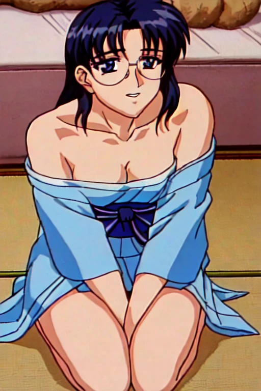 (masterpiece, highest quality:1.2), High resolution, Anime screenshots, Anime Coloring, One girl, alone, 
Chitose_Yukino_v1, Black Hair, short hair, bangs, Hair Bun, single Hair Bun, blue eyes, Large Breasts, lips, 
kimono, Blue kimono, yukata, Floral print, sash, heart, Long sleeve, Wide sleeves, 
Sitting, seiza, Leaning forward, 
indoor, Japanese-style room, tatami, 
