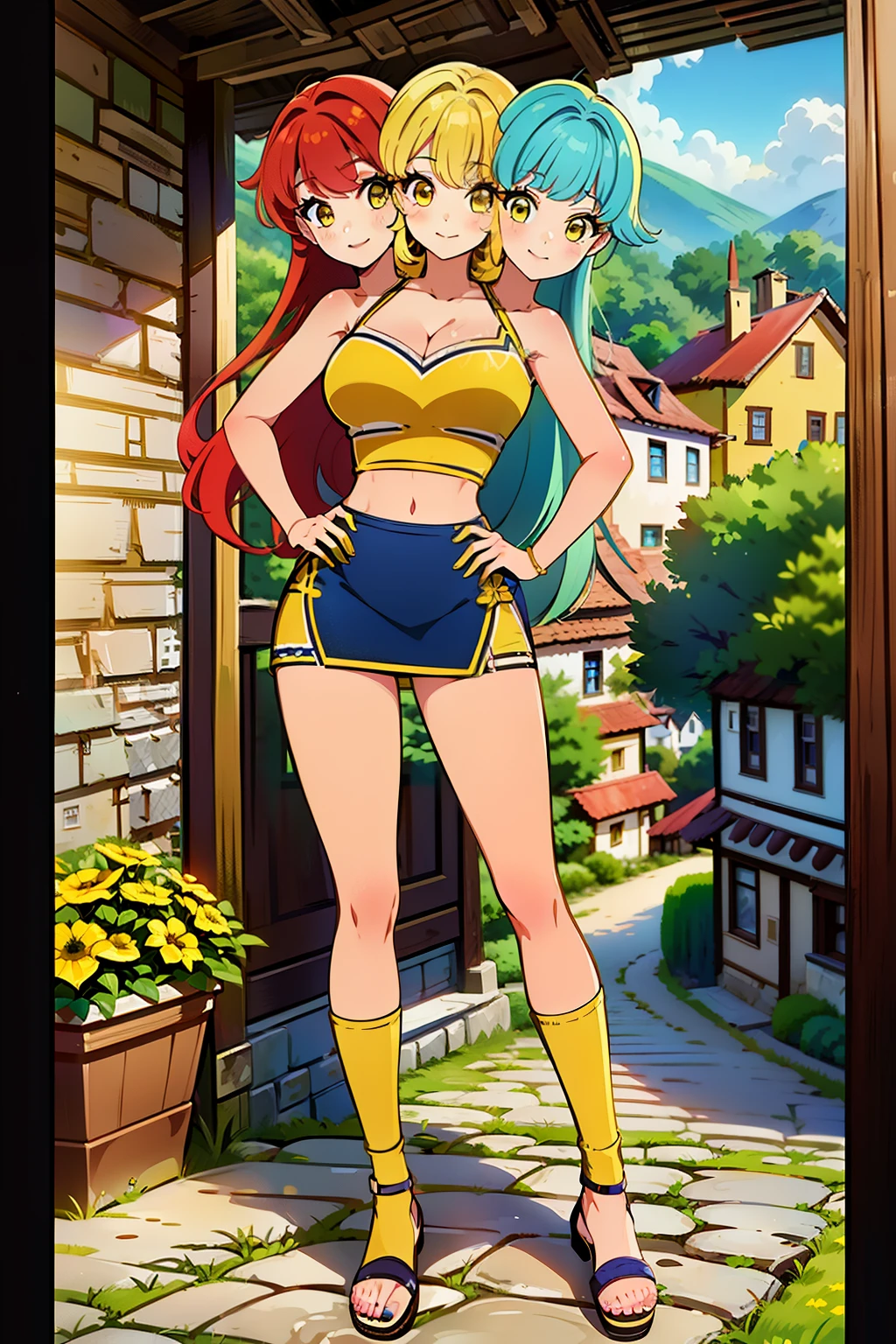 best quality, (masterpiece),(ultra-detailed), (high quality), (high resolution), ((2heads:1.5)), best quality:1.5, highres, UHD, 16K), ((two headed woman)), smiling, highres, masterpiece, ((vibrant red hair)), ((vibrant blue hair)), ((different hair colors)), cleavage, ((yellow crop top:1.5)), lustrous and smooth skin, seductive silhouette, rpg fantasy dress, sexy proportions, Beautiful girl with accentuated slender abs, ((full body)), long legs, ((village background:1.5)), ((exposed midriff)), body con dress, strapless, sleeveless, yellow eyes, ((long hair)), ((sandals))