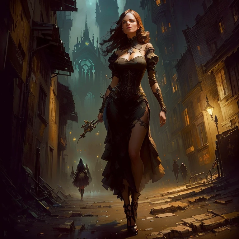 A painting of a woman in a dress walking down the street, Raymond Swanlandのスタイル, The gothic cityscape behind her, Peter Mohrbacher's style, Peter Moerbacher Style, Stylized urban fantasy art, Dark fantasy horror art, Dark fantasy art, Wild scruffy woman, Dark Fantasy Art, Raymond Swanland, Dark fantasy concept art