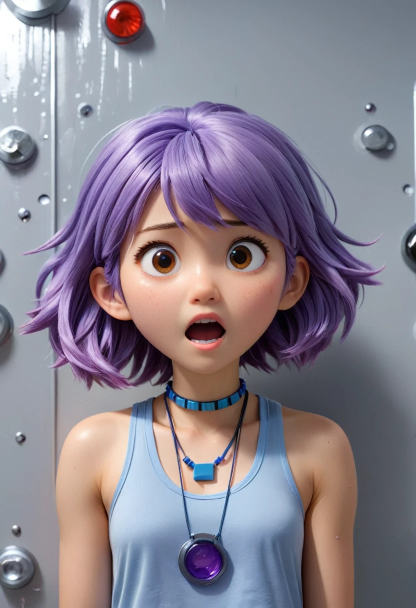 14-year-old Japanese girl, violet hair, blue necklace, gray tank top, terrified, glued to the wall with glue in a malfunctioning laboratory, PIXAR 3D style, (best quality, 4k, 8k, highres, masterpiece:1.2), ultra-detailed, (realistic, photorealistic, photo-realistic:1.37), portraits, vivid colors, studio lighting