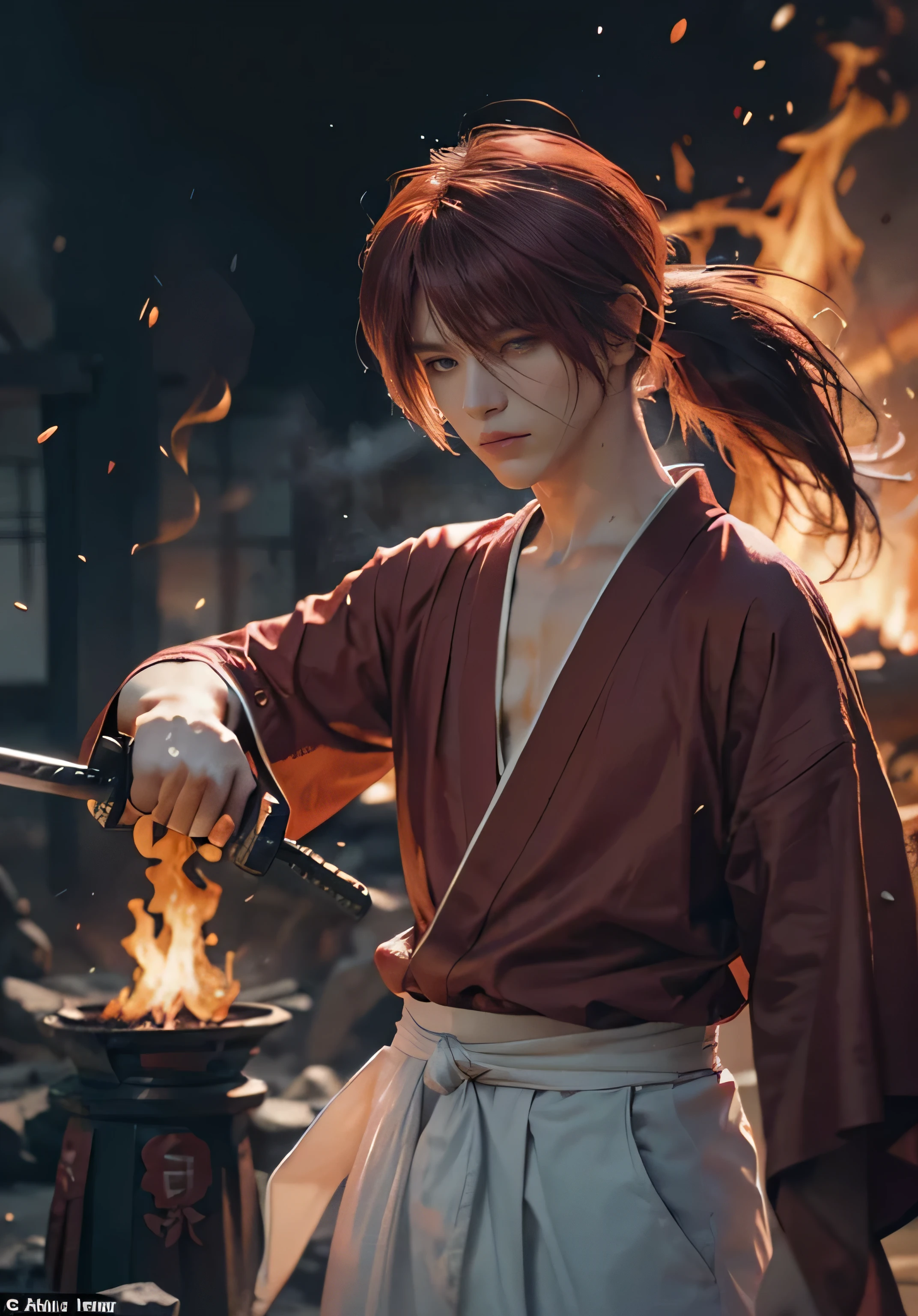 Design amazing postereatures kenshin as the protagonist "Rurouni Kenshin" In the heat of the moment. Capture the essence of his burning determination and indomitable spirit. For he unleashed his anger. Action with a straight sword in hand, Keep it short, Bold, And strongly convey the raw power of Kenshin's anger. Long Hair, ponytail, Red Hair, katana, cross sign in left cheek, High quality, photorealistic, 20-year-old man, holding a Katana in his hand, surrounded by fire. The man has a determined posture, He is wearing a red kimono with intricate patterns, paired with a white hakama .The lighting is realistic, emphasizing the intensity of the scene.