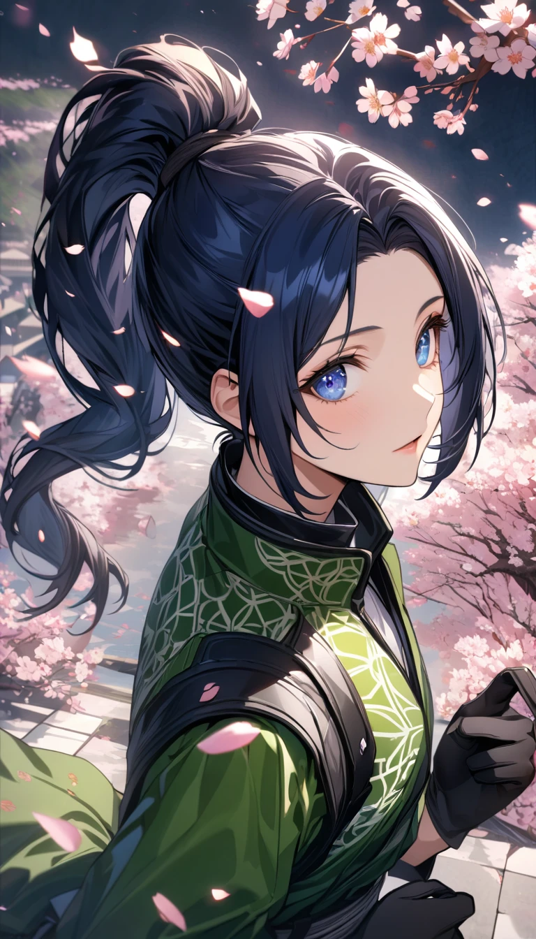 Ultra detailed, Highres, absurdres, HDR, Reona Haiderun, dark blue hair tied in a spiky ponytail, expressive dark blue eyes, green clothes with patterns, The King Of Fighters, cherry blossoms, petals, extremely beautiful, woman, solo, very detailed eyes and face, spring, butterflies, blossoms, black gloves,