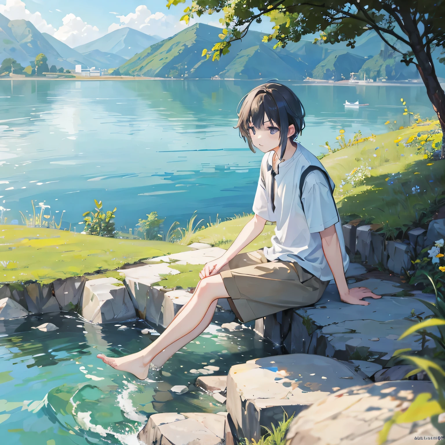 grassland、Waterfront、sitting on a rock、boy、Beautiful boy、neutral