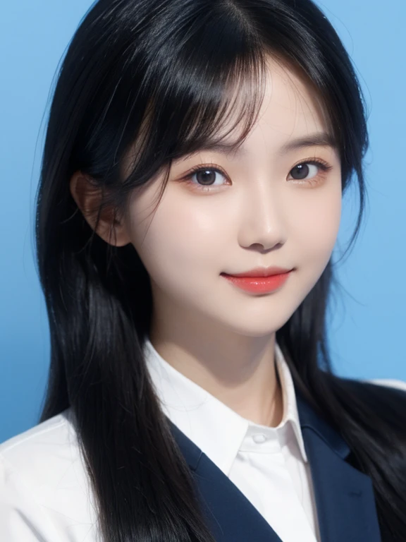 ID photo,Blue Background。a chinese and beautiful women,Regular facial features,Phoenix Eyes,With a charming smile on her face。Black suit,White shirt