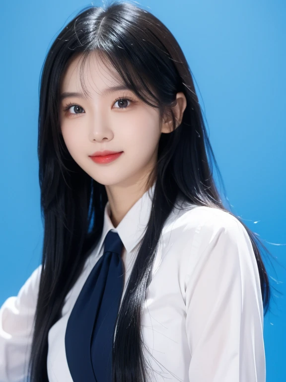 ID photo，Blue Background。a chinese and beautiful women，Regular facial features，Phoenix Eyes，With a charming smile on her face。Black suit，White shirt