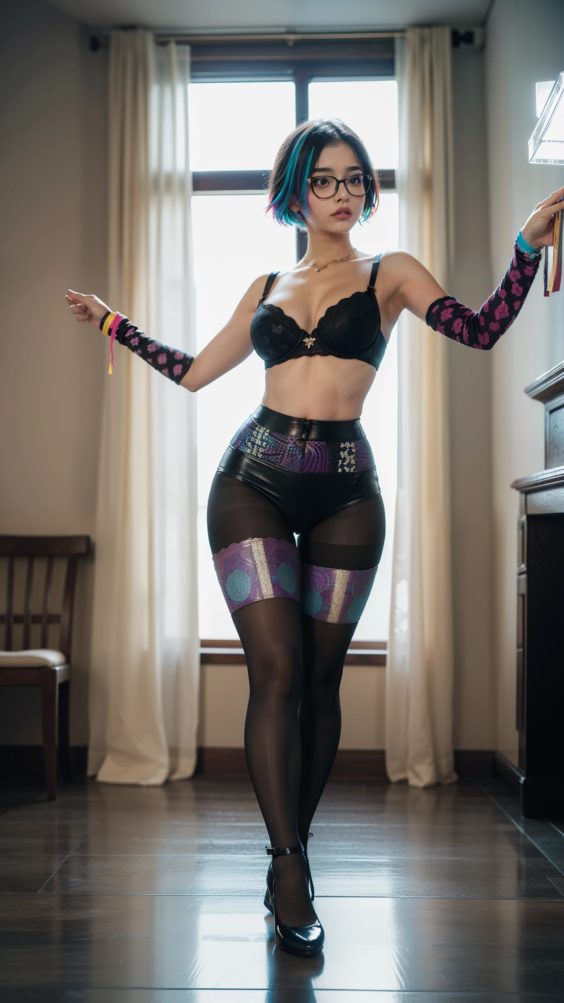 (full body:1.5),(((only one girl)):1.4),(view the viewer:1.4),((anatomy correct):1.45),(((dancing in the bed room , Perfectly integrated background))):1.3),(she wears large glasses and Holding pantie & Bra in her hand:1.2),(shy:1.15),((red cheongsam's set):1.2),(((((((patterns)))))) ,((thick pantyhose)):1.3),( Uniform high heels leather shoes with bows for female students:1.1),((Long legs and large chest):1.3),((((colorful))):1.4),(Accurate and perfect face:1.3),((black short hair):1.2),hyper HD, Ray traching, reflective light, structurally correct, Award-Awarded, high detail, lighten shade contrast, Face lighting ,cinematic lighting, masterpiece, super detailing, high quality, high detail, best quality, 16k,High contrast,
