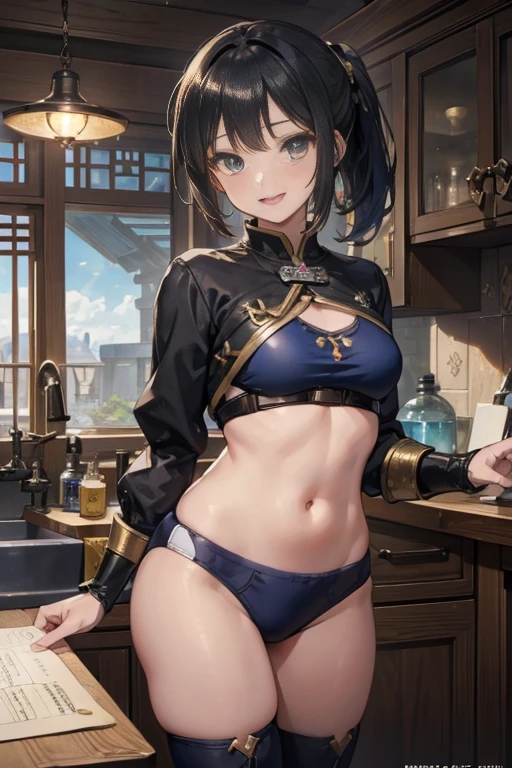 (fantasy:1.5),(anime,8k,masterpiece, top quality, best quality,beautiful and aesthetic:1.2,professional illustrasion:1.1,ultra detail:1.3,perfect lighting),extremely detailed,highest detailed,incredibly absurdres , highres, ultra detailed,intricate:1.6,(Alchemy Workshop:1.4),A girl mixing,Medicine in many small bottles,holding small potion,colorful:1.4,zentangle,(1girl),(girl),(Three kingdoms female warload),(highly detailed beautiful face and eyes,firm breasts),oily skin,((black,hair,short bob with short pony tail hair)),thin pubic hair,cute,lovely,34 years old,alchemist costume,Merchant's Clothing,smile,in the kitchen,smile,seductive weak smiling,(with sparkling eyes and a contagious smile),open mouth, Looking at Viewer,