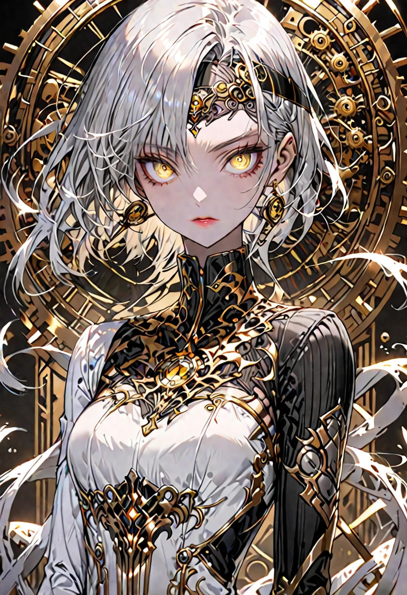 automaton of exceptional quality and design, built of polished steel and brass, intricate refined gold accents, 180 cm, slender and agile frame, built for both strength and elegance, human-like face, expressive eyebrows, deep-set glowing gemstone eyes, thin delicate lips capable of forming any expression imaginable, silver hair held in place by a simple yet elegant headband, solo, female, clockwork