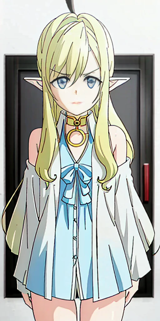 ((casual-style)), 1girl, solo, white hair, shirt, red ribbon, ribbon, looking at viewer, long hair, full body, white eyes, white shirt, grey eyes, hair between eyes, neck ribbon, collared shirt, cardigan, closed mouth, expressionless, jacket, simple background, frills, bangs, white background, long sleeves