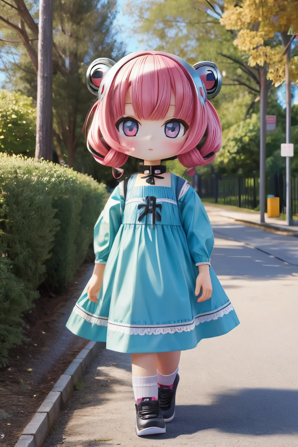 Photorealistic、A photo of a collaboration between a chibi girl doll and a mascot robot、A walk in the park