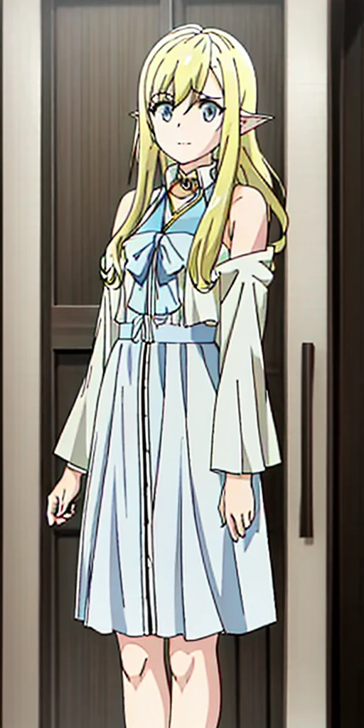 ((casual-style)), 1girl, solo, white hair, shirt, red ribbon, ribbon, looking at viewer, long hair, full body, white eyes, white shirt, grey eyes, hair between eyes, neck ribbon, collared shirt, cardigan, closed mouth, expressionless, jacket, simple background, frills, bangs, white background, long sleeves