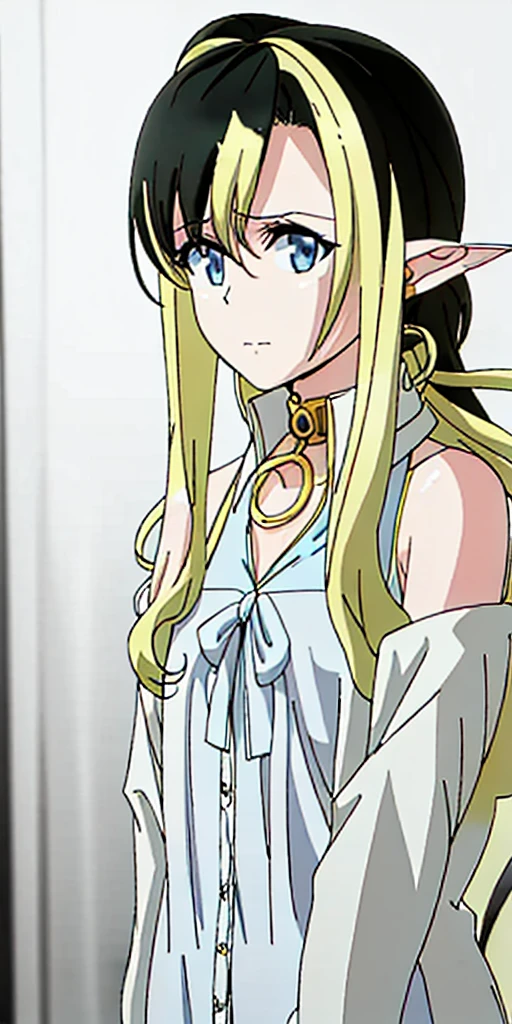 ((casual-style)), 1girl, solo, white hair, shirt, red ribbon, ribbon, looking at viewer, long hair, full body, white eyes, white shirt, grey eyes, hair between eyes, neck ribbon, collared shirt, cardigan, closed mouth, expressionless, jacket, simple background, frills, bangs, white background, long sleeves