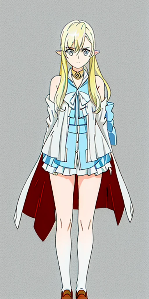 ((casual-style)), 1girl, solo, white hair, shirt, red ribbon, ribbon, looking at viewer, long hair, full body, white eyes, white shirt, grey eyes, hair between eyes, neck ribbon, collared shirt, cardigan, closed mouth, expressionless, jacket, simple background, frills, bangs, white background, long sleeves