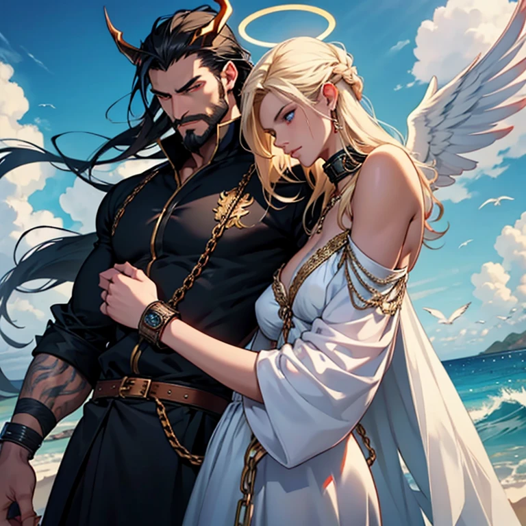 {{Three eyes, Beard, demon king, man with horn, man with dragon wing, muscular man, wave hair, black hair man, red eyes man, topless man, forehead eye, man chained hand, man chain collar}},{{angel lady, woman with halo, woman with white bird wing, woman with blond hair, woman with blue eyes, woman white silk clothes dress,}},