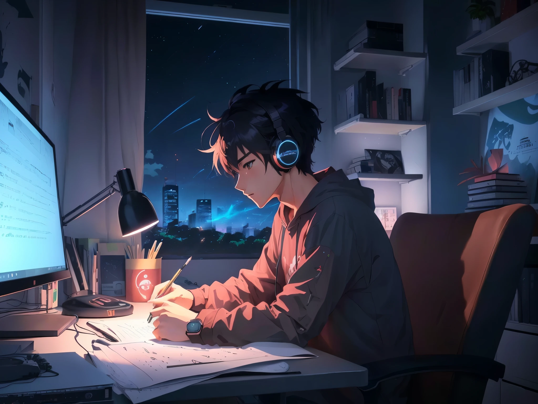 chico anime sentado en el escritorio con auriculares escribiendo frente a la computadora, estilo anime 4k, high quality anime art style, Fondo de pantalla de arte anime 4K, Fondo de pantalla de arte anime 4k, digital anime illustration, fondo de pantalla de arte anime 8k, anime art style, Fondo de pantalla animado 4k, lofi art style, estudio Ghibli, Arte de fondo animado, fondo de pantalla animado 4k, Fondo de pantalla animado 4K