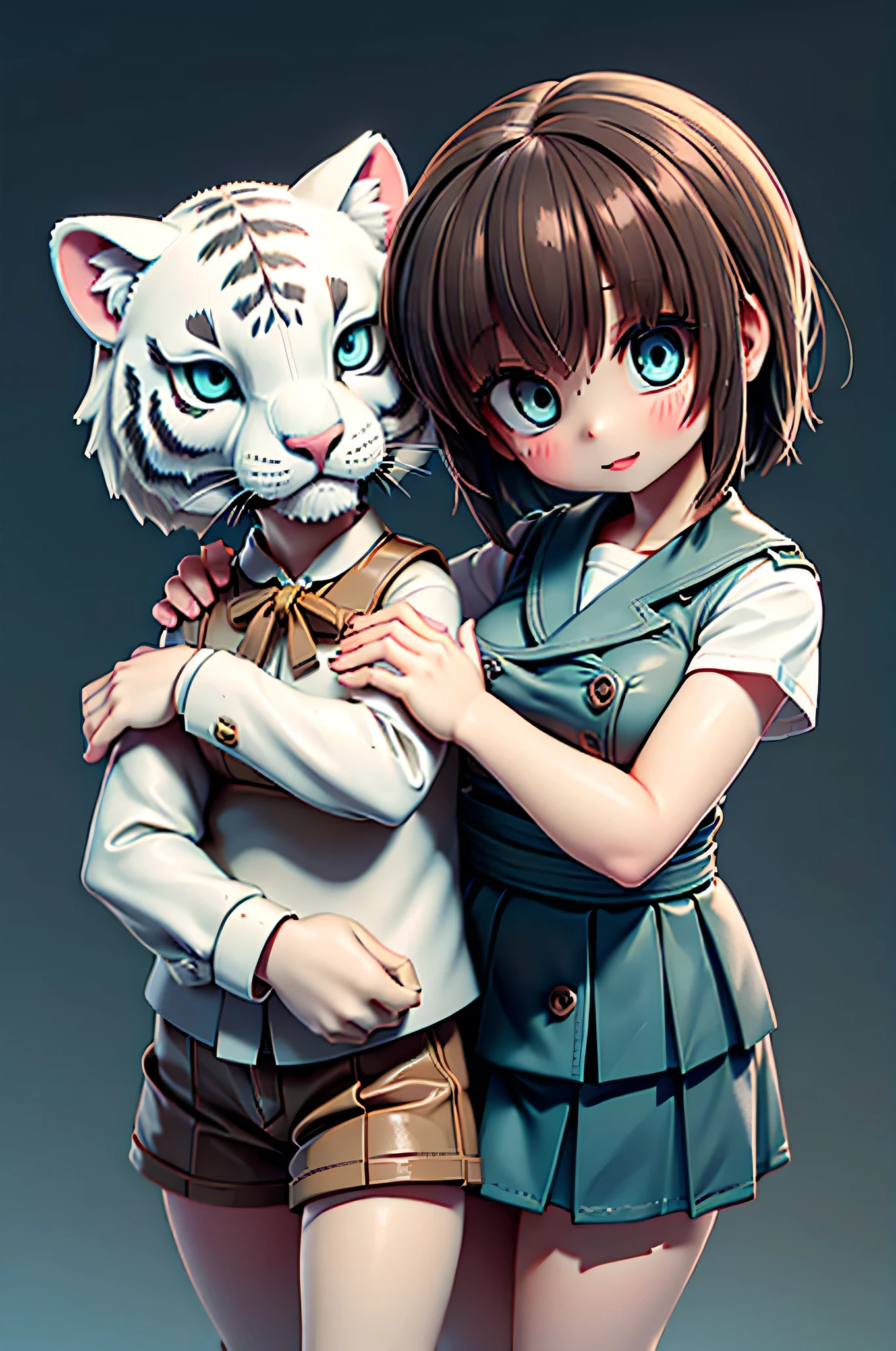 One girl,(((White tiger next to me))),(Short brown hair:1.2),  (Green Eyes:1.3),(Wearing a ready-to-wear skirt and a brown vest and a red shirt and a blue ribbon and black thigh-high socks:1.3) and (Very thick thighs:1.4)
{{{masterpiece}}}, {{best quarity, super fine iraraustration}}, ((Thick Hair)), ((Beautiful Eyes)),{very deraicate and othersight, perfect and deraicate and othersimbs}, {{ fine raluminescence ,very fine 8K CG wararapaper}}, ((Beautiful Girl with Very Beautiful Eyes)), dynamic angrae, and others (staring braankray, and othersoveray big eyes), beautifura detairaed eyes, (Absurd, Unbelievably Absurd、Illustrated、overtakeDetailed）、
overtake、high quality、CG、paper、Anime Girls、Thick Hair、Cute face、2 and others、Detailed hair、（Very detailed hair）、（Beautiful Eyes）、Beautiful Style