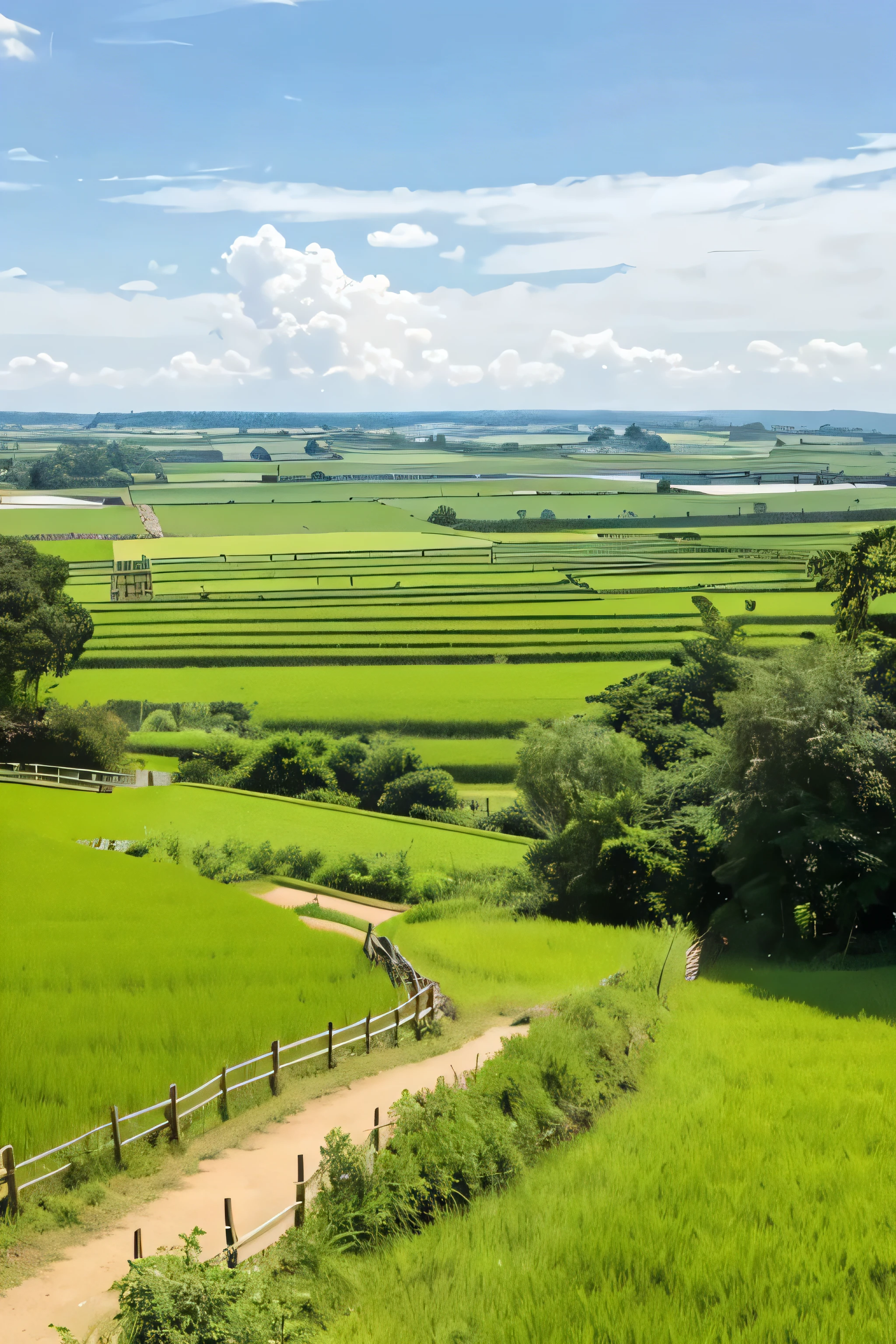 ((highest quality)), ((masterpiece)), (detailed), Idyllic countryside, There are several single-storey buildings in the distance on the horizon., The sky is blue, Summer daytime, Only rice fields are visible from halfway down the screen.