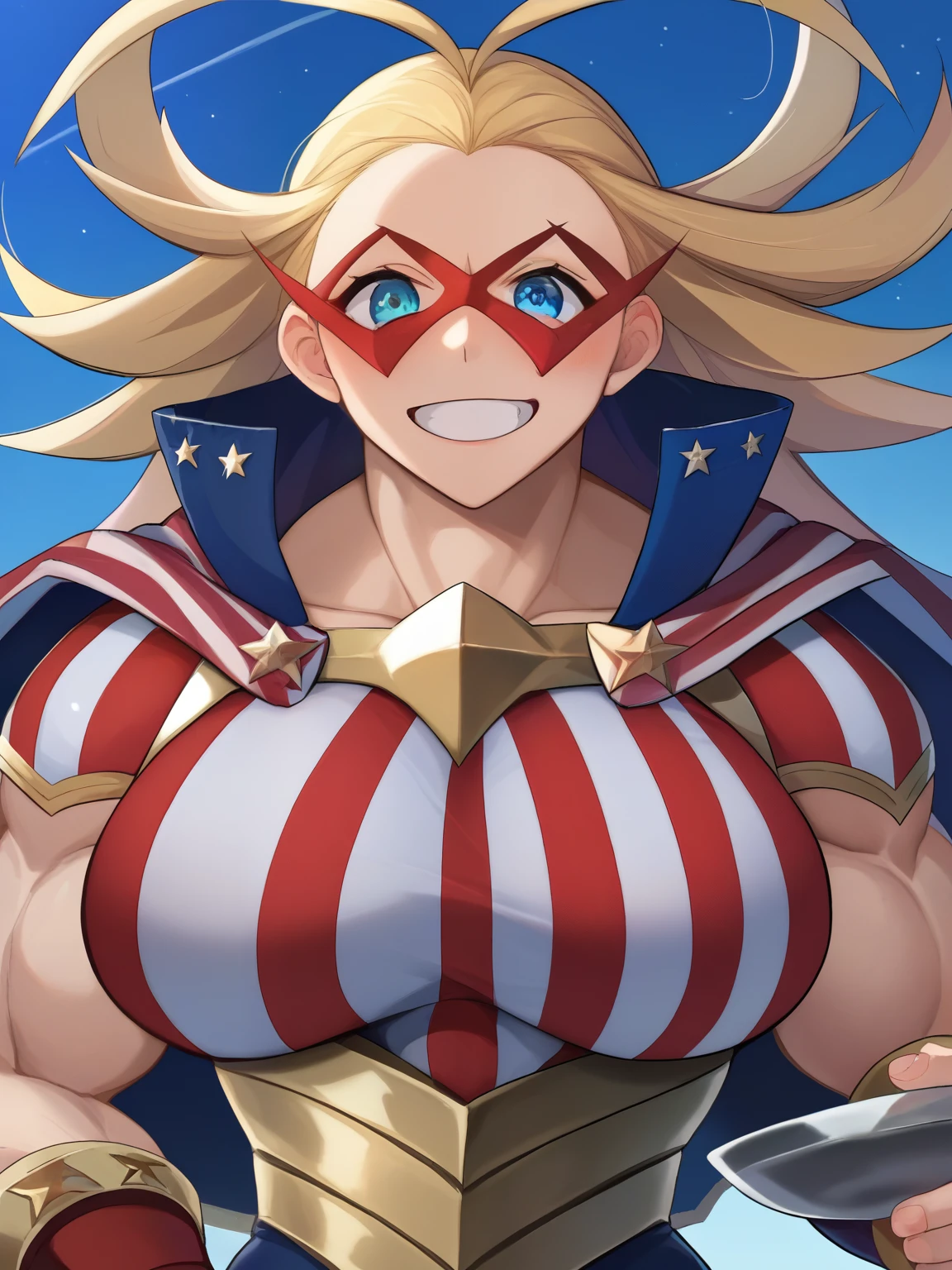 score_9, score_8_superior, score_7_superior, sauce_anime, alone, One girl, Stars and Stripes, Grin, View your viewers,, Muscular, Antenna Hair, Domino Mask, American Flag Print, striped bodysuit, Red Cape, blue sky、sexyポーズ、blush、View your viewers、cute、Her chest is F cup、Large breasts、Embarrassed face、Mischievous Smile、超sexy、sexy、Erotic、、Big Breasts、Big Tits、valley