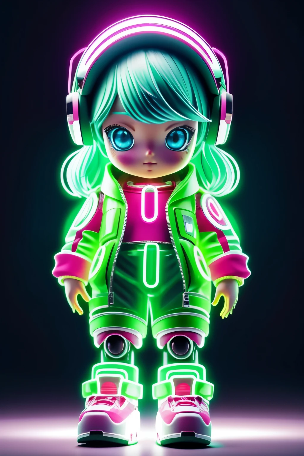 Photorealistic、A photo of a collaboration between a chibi girl doll and a mascot robot、A walk in the park、Neon light clothes