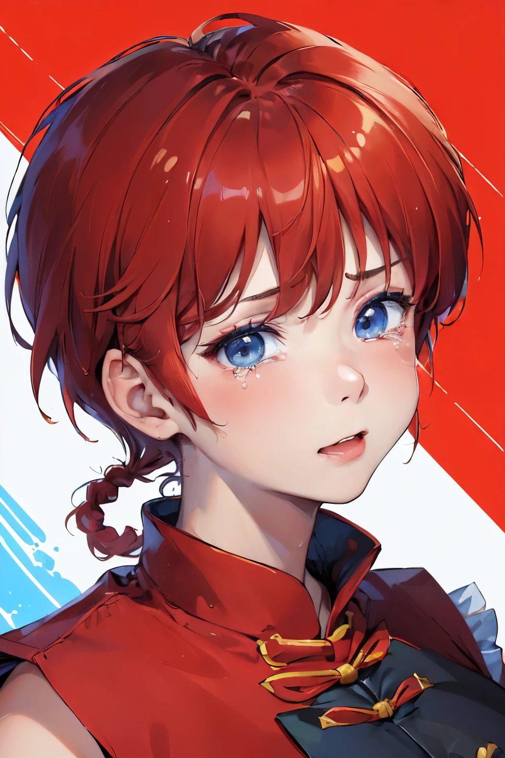 ((masterpiece:1.4)), high quality, very_high_resolution, large_filesize, full color, heavy outline, clear outline, colorful, (beautiful detailed eyes), ((beautiful face:1.0)), ((boyish face:1.4)), 1 girl, (femaleranma), (red hair), short hair, (braided ponytail), ((bangs)), bumpy bangs, blue-gray eyes, big breasts, curvy, femaleranma, braided ponytail, (red chinese clothes), sleeveless, tangzhuang, black pants, cameltoe, standing, upper body, ((from front:1.4)), ((portrait:1.8)), ((face focus:1.4)), (cry, streaming tears),