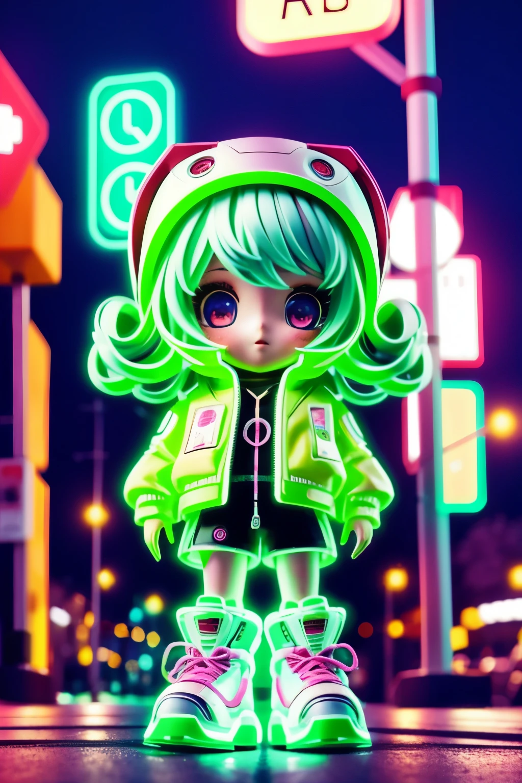 Photorealistic、A photo of a collaboration between a chibi girl doll and a mascot robot、Walk in the park at night、Neon light clothes