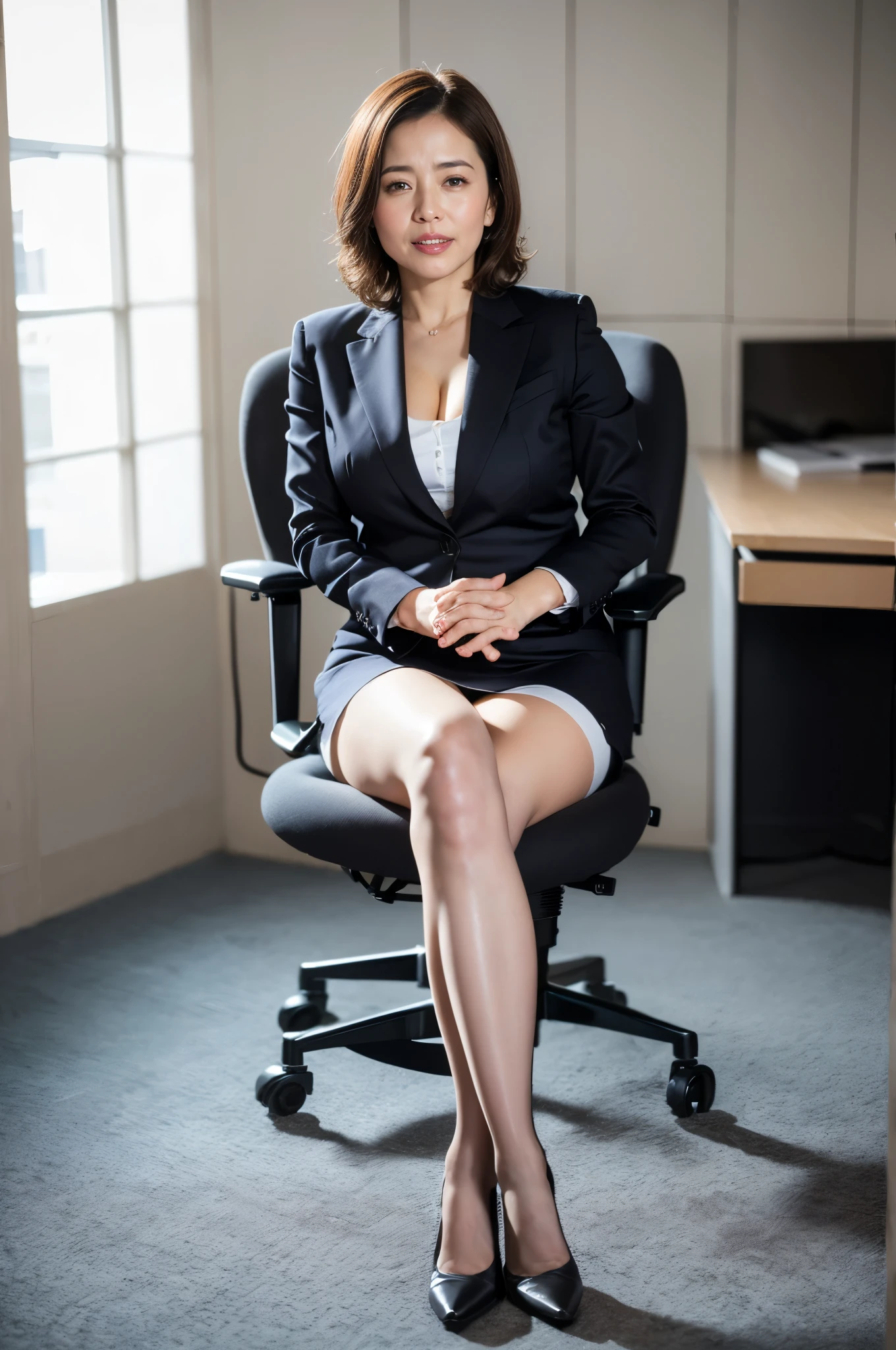 ​masterpiece, Better Quality, hight resolution, ((Photorealsitic:1.4, Raw photography, ultra high resolution,Top image quality)), ((full body 1.5, portrait:1.2)), 1Milf sitting on office chair, wearing business suit, black stocking, curvy shape0.5, very detailed and professional lighting, (cute facial expressions), ((thigh visible)),