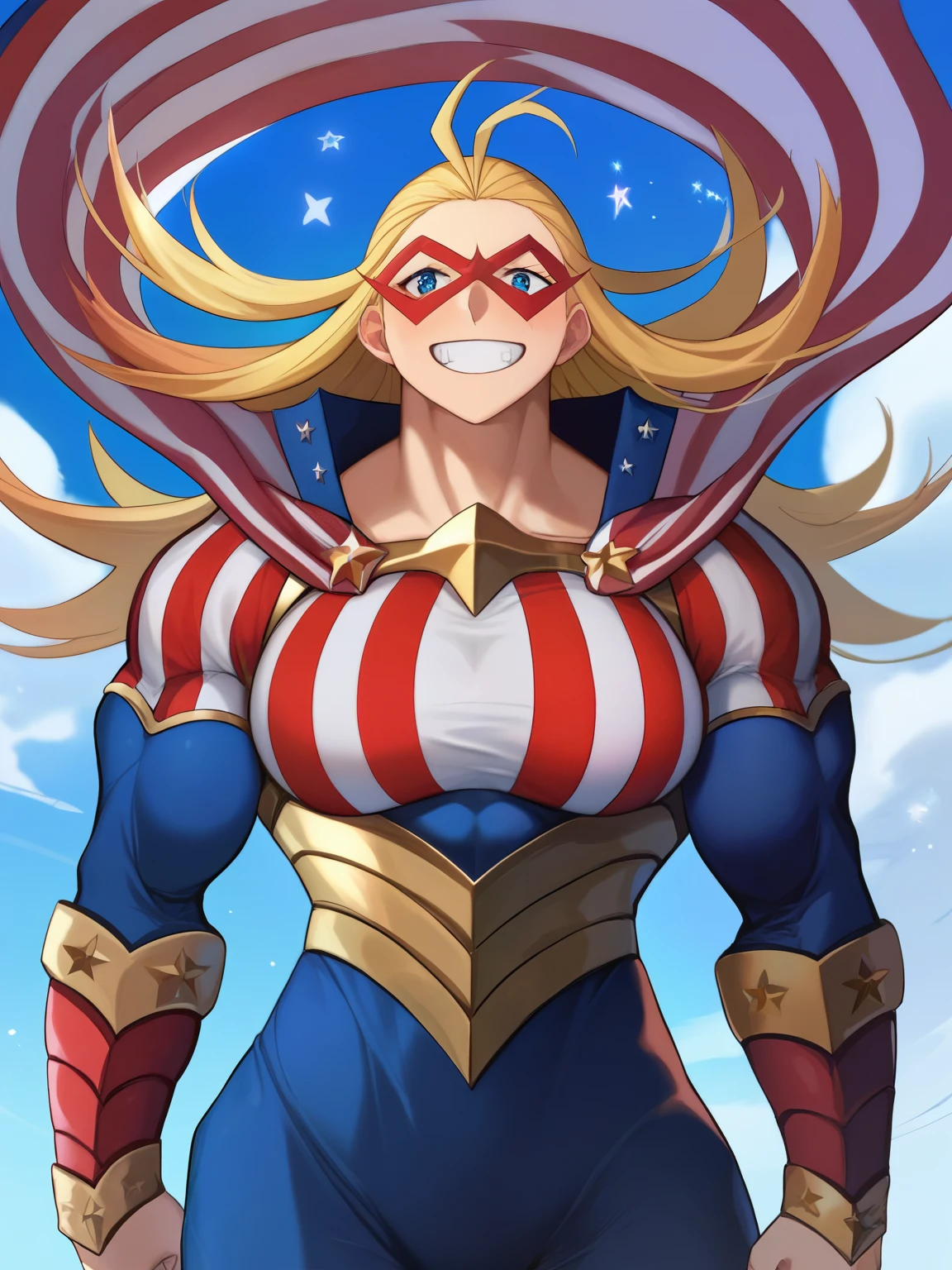 score_9, score_8_superior, score_7_superior, sauce_anime, alone, One girl, Stars and Stripes, Grin, sexyポーズ、View your viewers,, Muscular, Antenna Hair, Domino Mask, American Flag Print, striped bodysuit, Red Cape, blue sky、sexyポーズ、blush、View your viewers、cute、Her chest is F cup、Large breasts、Embarrassed face、Mischievous Smile、超sexy、sexy、Erotic