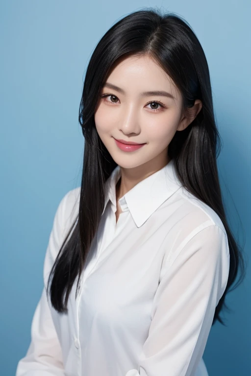 ID photo,Blue Background。a chinese and beautiful women,Regular facial features,Phoenix Eyes,With a charming smile on her face。Black suit,White shirt