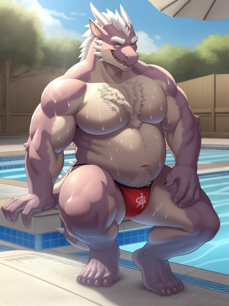 , by bontiage  a sweaty chubby shirtless fluffy dragon with body fur covering his whole body wearing sexy thongs, at a swimming pool 